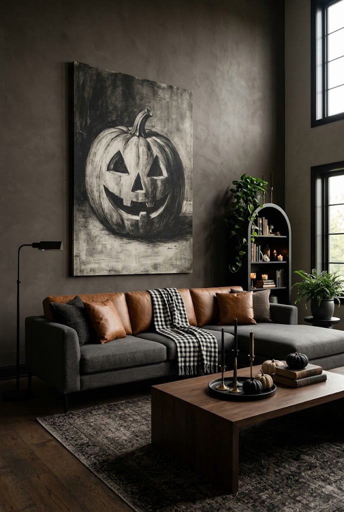 Grey sectional sofa with oversized vintage pumpkin wall art for classy living room halloween decor on a budget.