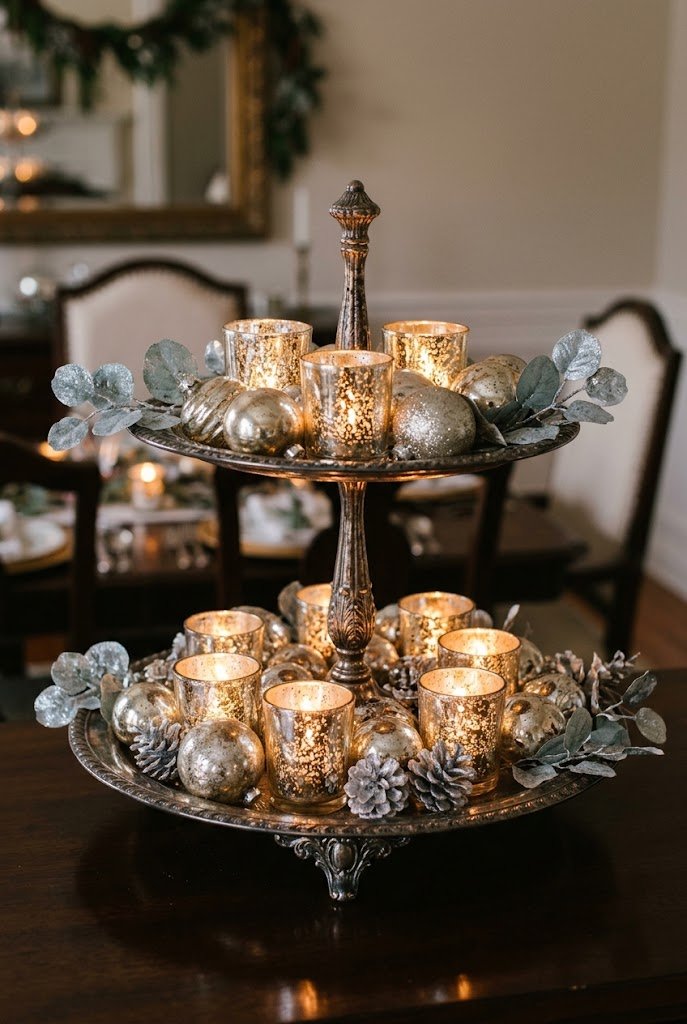 Mercury glass votives and silver baubles for elegant christmas tiered tray decor ideas.