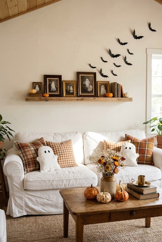 Whimsical cottagecore living room with ghost pillows and styled shelf for living room halloween decor ideas.