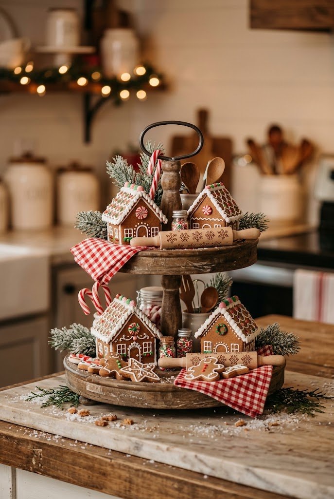 Gingerbread houses and candy cane bowls for diy christmas tiered tray inspiration.