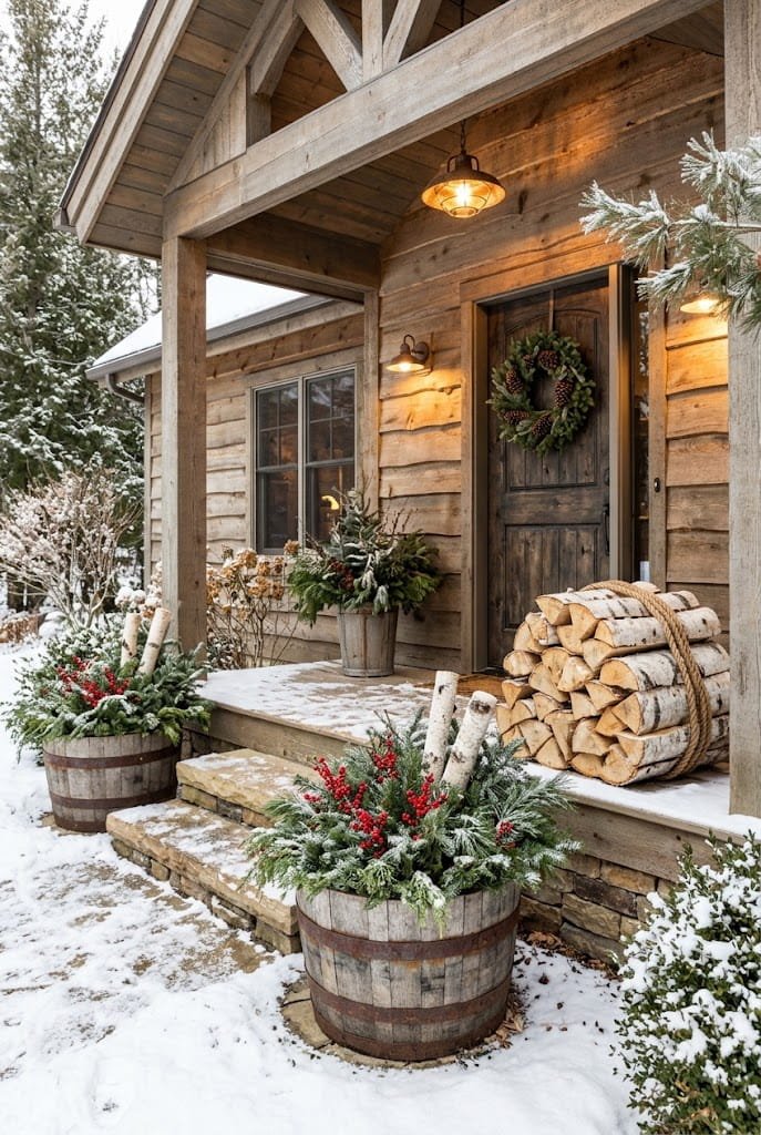 Half whiskey barrel planters with birch logs and firewood stack for diy outdoor christmas planters.