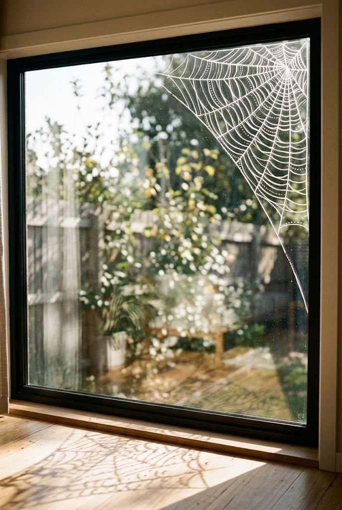 Minimalist white chalk marker spiderweb corner design for easy halloween window painting ideas.