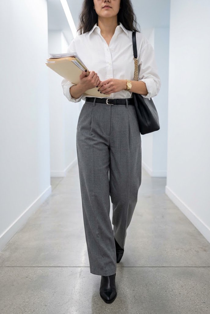 White poplin button-down shirt tucked into wide-leg grey trousers for smart casual office Friday.