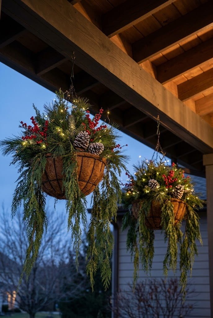 Outdoor winter hanging baskets with trailing cedar and frosted pinecones for outdoor christmas planter ideas.