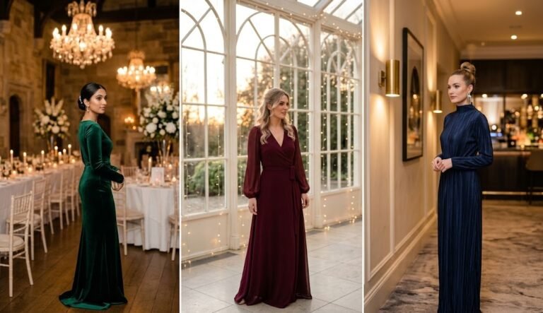 Elegant winter wedding guest dresses with sleeves featuring jewel-toned velvet gowns and sleek low chignons.