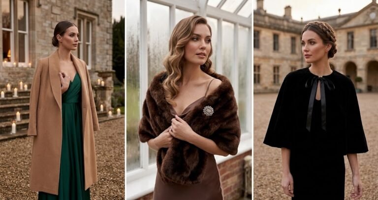 Editorial collage of winter wedding guest outerwear ideas showing wool overcoats and faux fur stoles.