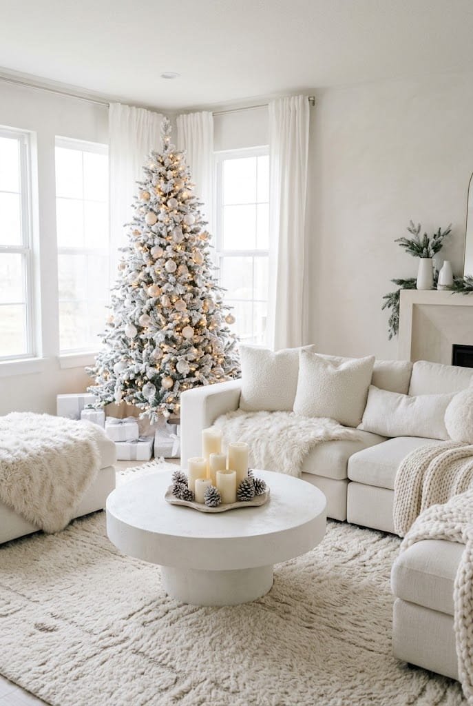 Complete winter white living room with flocked Christmas tree and cream modular couch for aesthetic christmas living room.