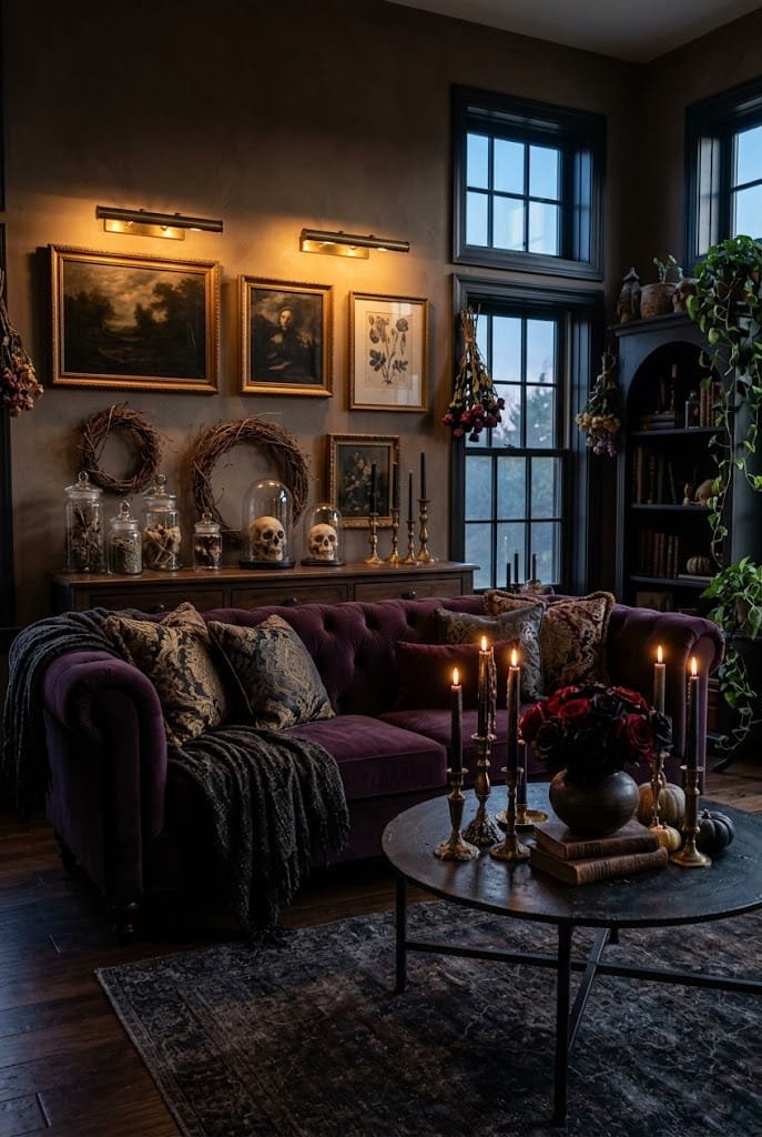 Dark purple velvet sofa and witchcore curio console table for aesthetic halloween living room decor.