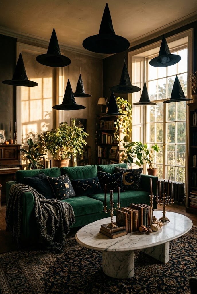Green velvet couch with floating witch hats overhead for aesthetic halloween living room decor.