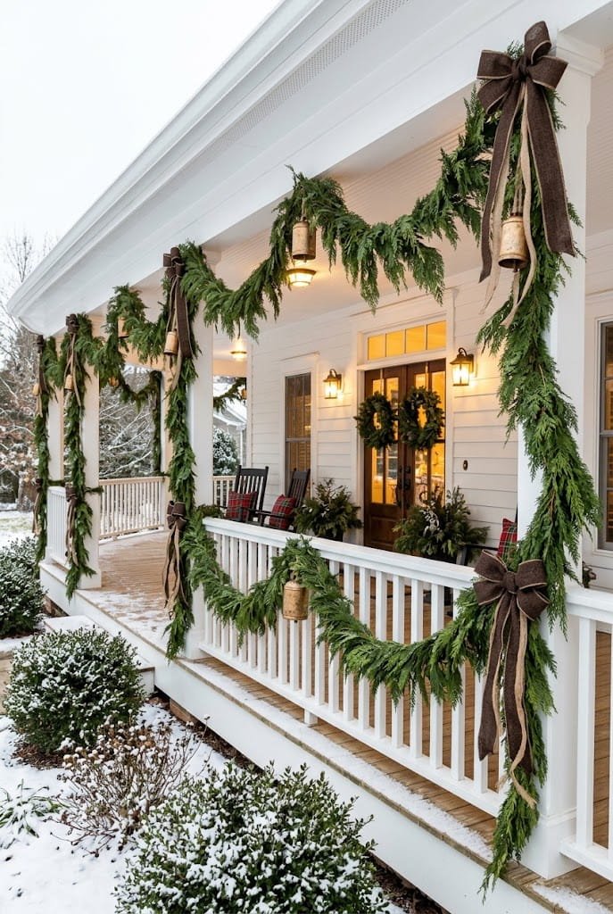 Wrap around veranda railing draped in cedar swags with rustic brass bells for rustic christmas porch decor.